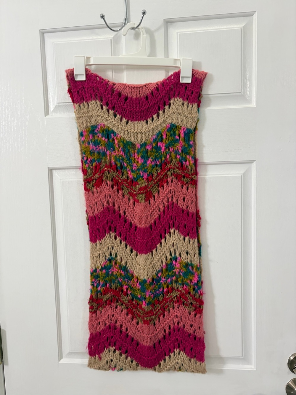 Multicolor Knit Chevron Midi Scarf- Pink & Beige